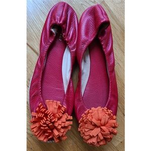 Kate Spade Vera Pebbled Leather Espadrille Pom Ballet Flat Red Size 8